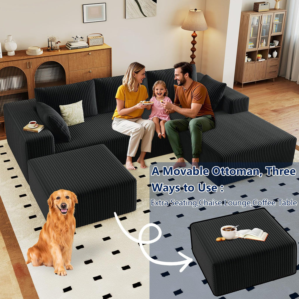 96" Boneless Couch with Ottoman, Modern U Shaped Cloud Sectional Couch