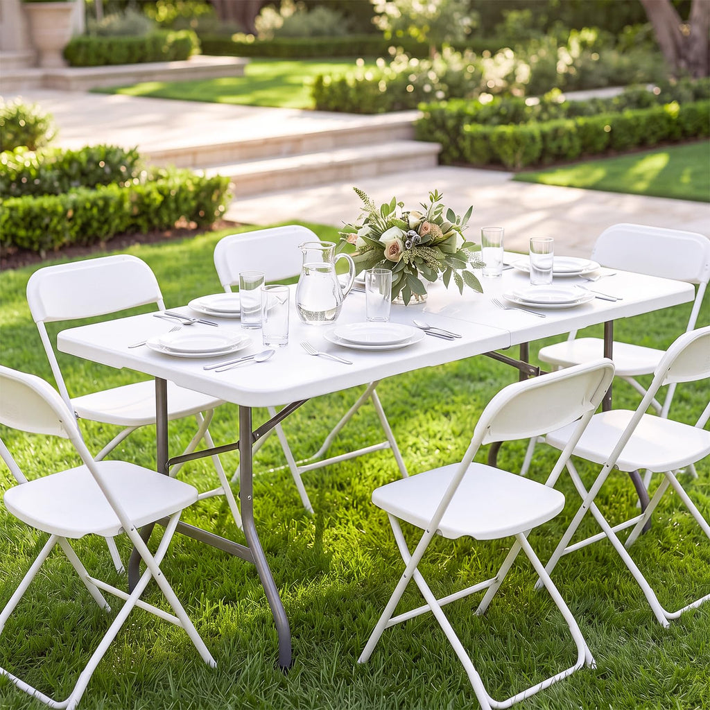 6FT Portable Folding Table, White Square Card Table with Carrying Handle & No Assembly, Slim Folding Table Built in