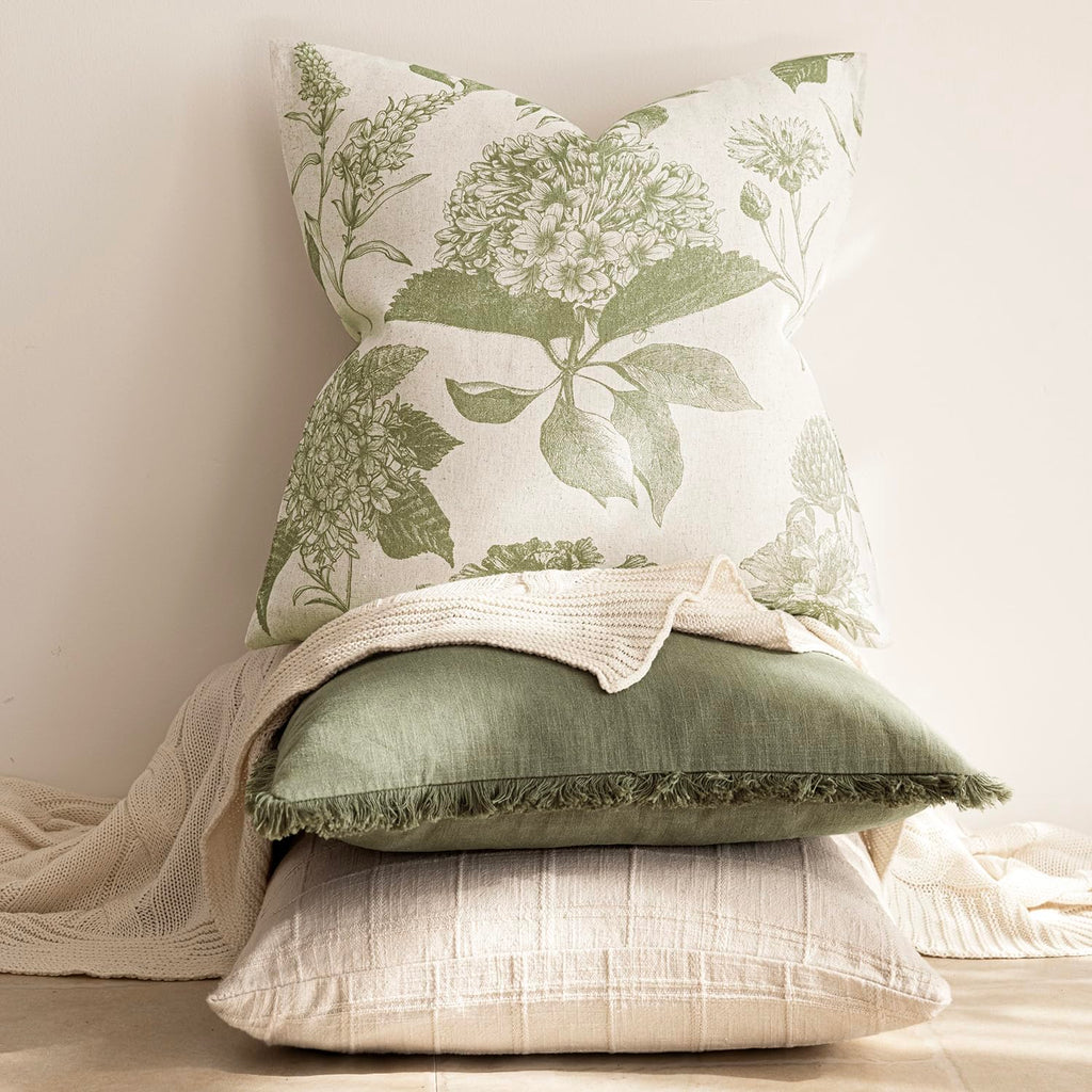 Decorative Linen Floral Throw Pillow Covers 22×22 Light Green