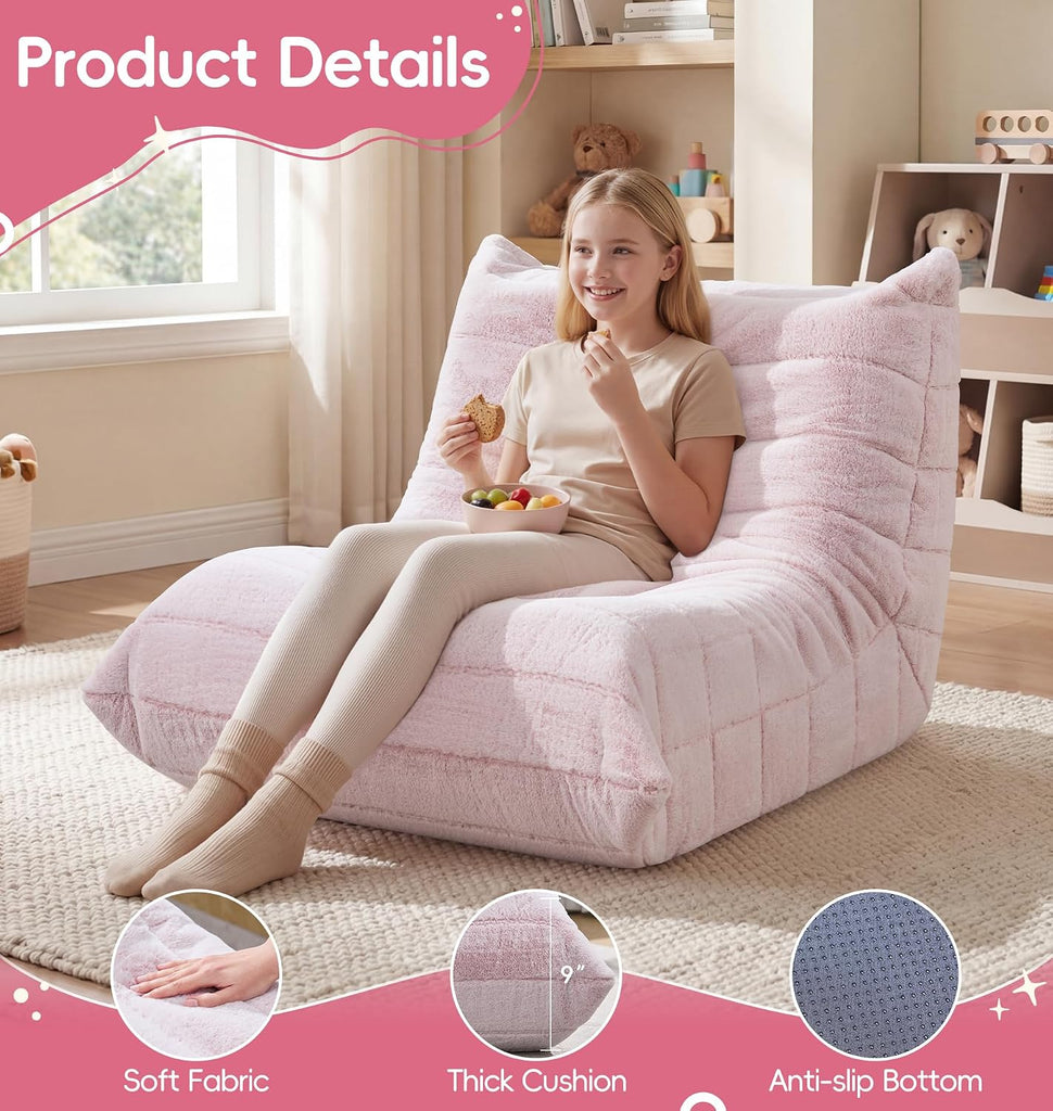 Kids Bean Bag Chair Fluffy Light Pink Large Beanbag Couch
