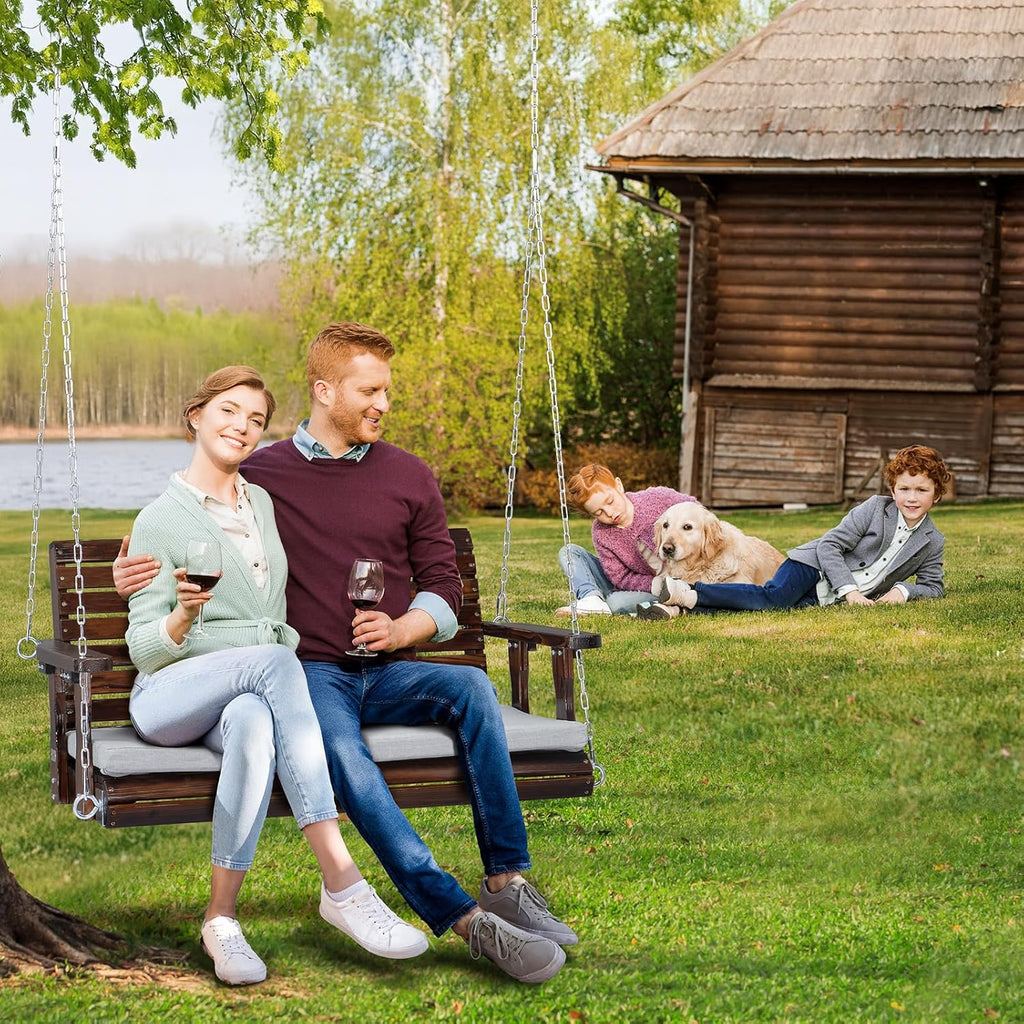 4 FT Heavy Duty Porch Swing with Cushion, 880 LBS Wooden, Rustic | Extra Cushion Included; Heavy-Duty Wood Frame;