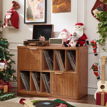 Large Record Player Stand with Vinyl Storage Up to 450 Albums, Wood Fluted Boho Record Storage Accent Cabinet, Modern