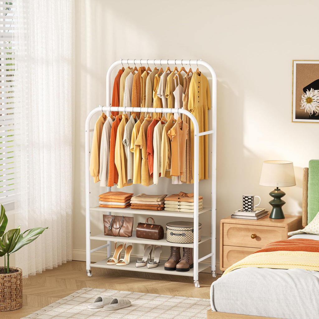 Clothes Rack, Double Rods Clothing Rack with 3 Tier Shelve&Wheels