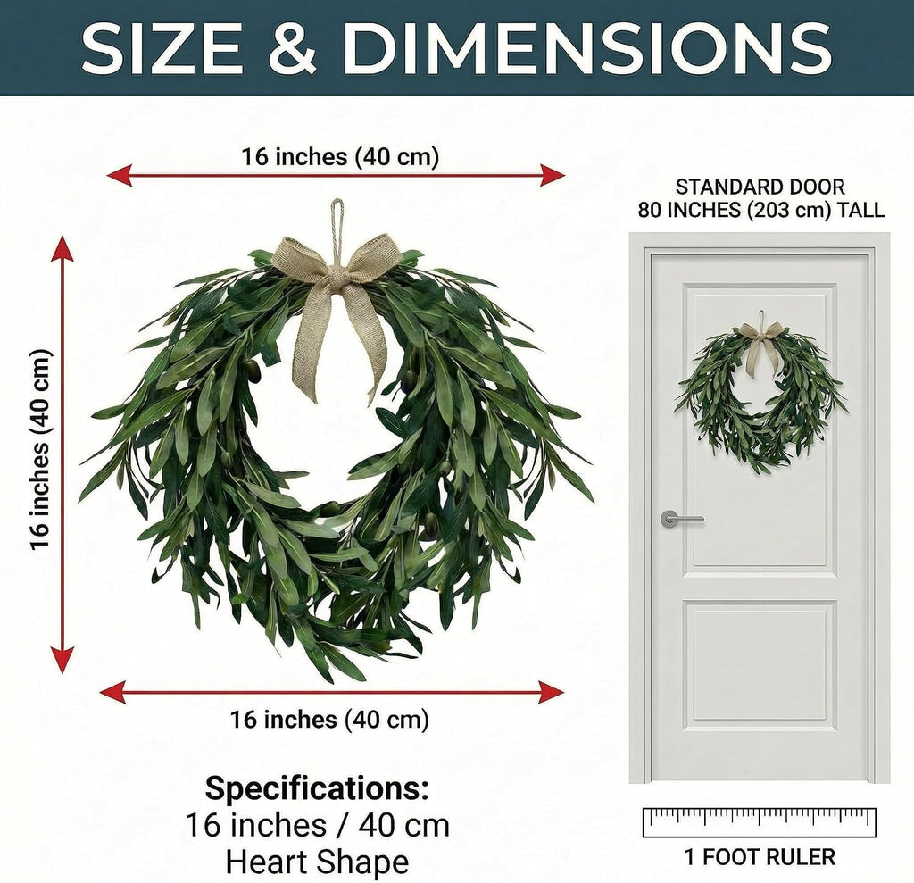 16" Heart Shaped Artificial Olive Leaf & Fruit Wreath - Realistic Green Olive Branches with Spring Floral Accents
