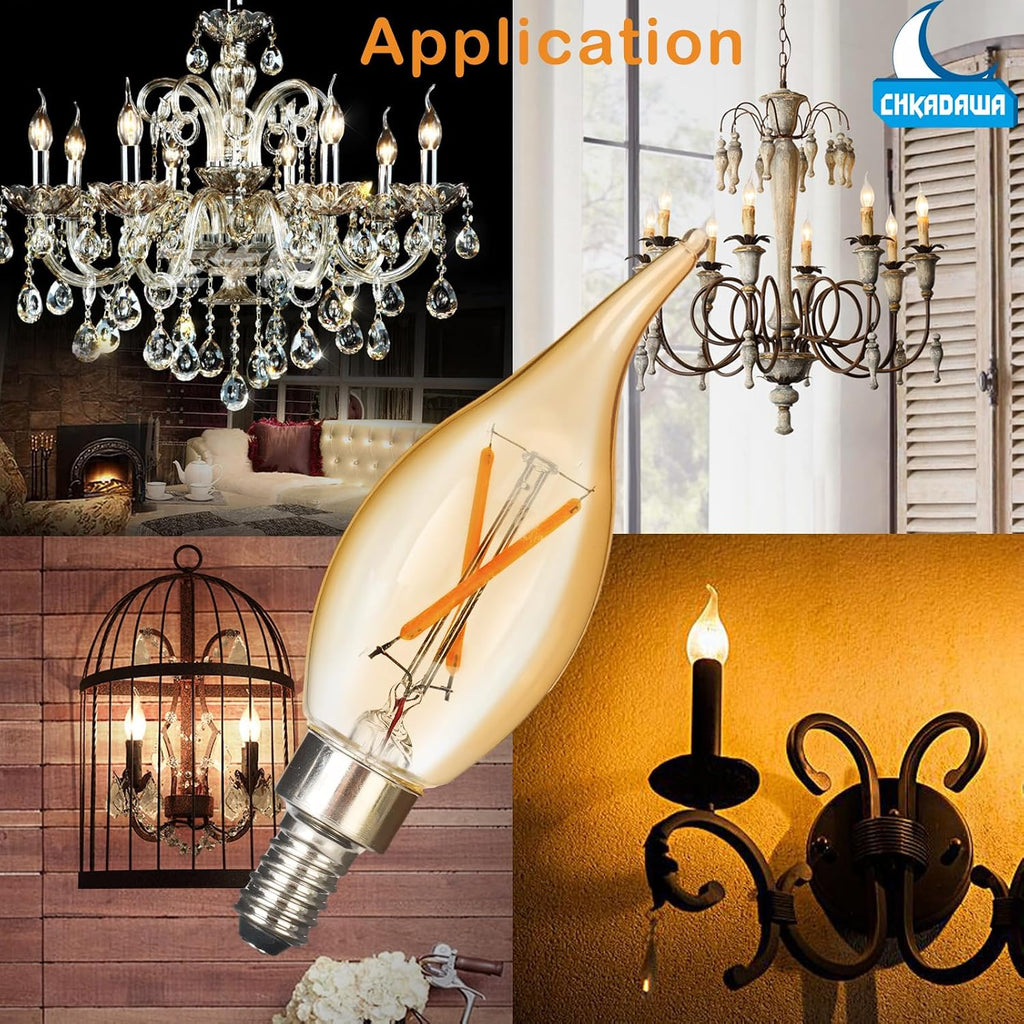 E12 Amber Candelabra Light Bulbs Dimmable 40 Watts Equivalent, Flame Tip Chandelier Light Bulbs CA11, Vintage Candle