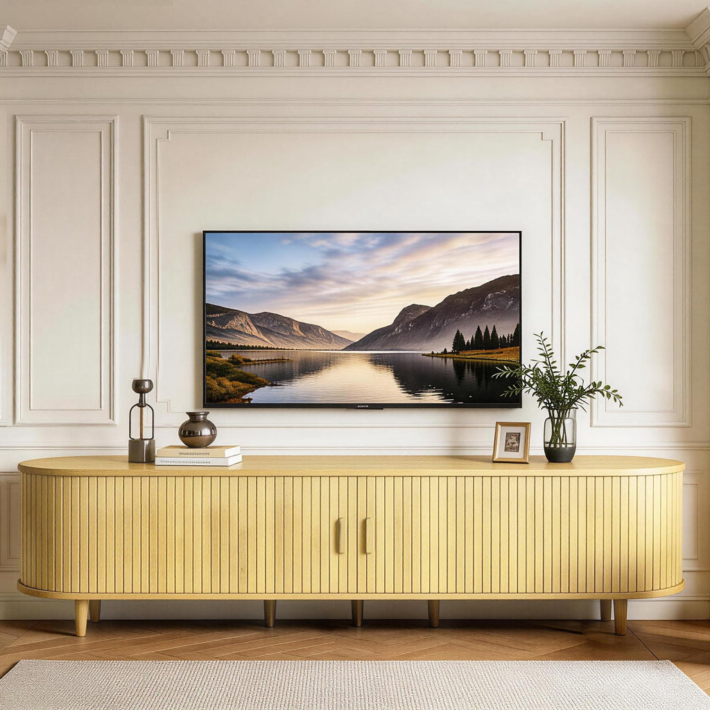 70" TV Stand with Sliding Doors, Mid Century Modern Entertainment Center, TV Console with Fluted Door Cabinets and