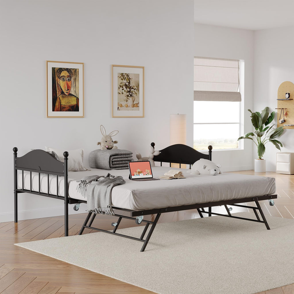 Daybed with Trundle, Twin Bed Frame with Sturdy Metal Foldable Trundle Bed, Trundle Bed Twin with Stylish Headboard