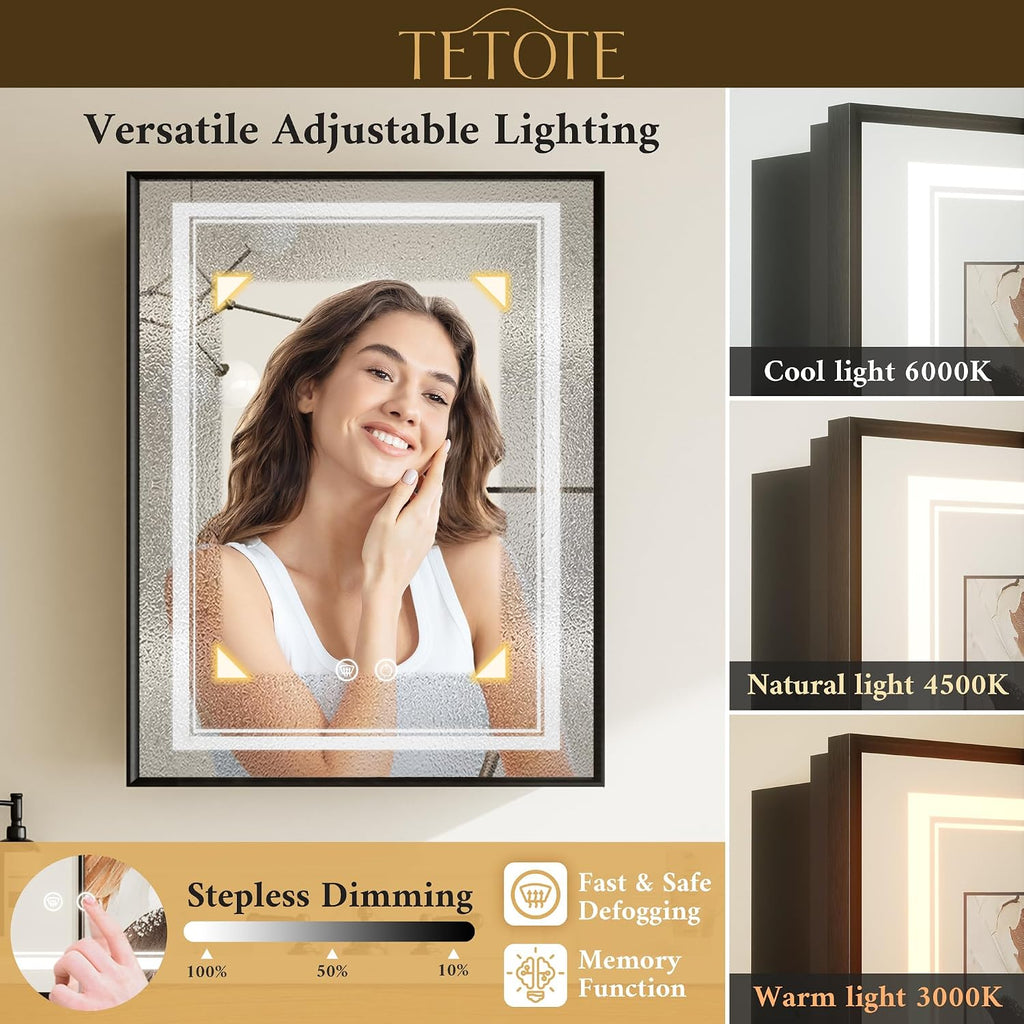Black Lighted Medicine Cabinet Mirror with Led Lights 30 x 26 Wall Mount or Recessed Bathroom Cabinet with Storage, 2