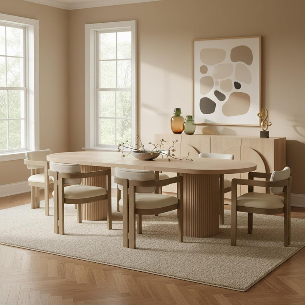 725Oak-T Belinda Collection Mid-Century Modern Solid Wood White Oak Veneer Dining Table, Oval Design, Fluted Bases, 2