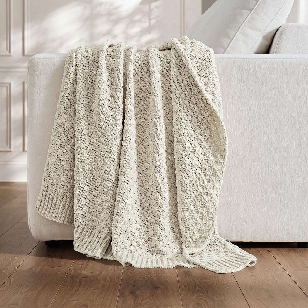 Chunky Chenille Knit Throw Blanket, Birch, 50" x 60"