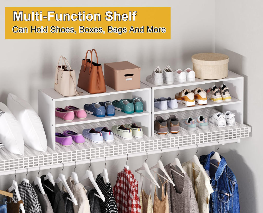 2 Pack White Shoe Rack for Closet, 2-Tier Expandable Small Shoe Shelf, Stackable Iron Wood Combination Shoe Organizer