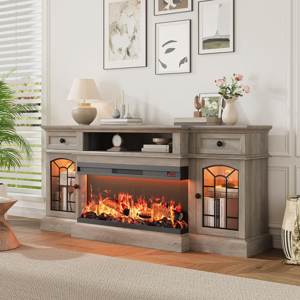 70" Farmhouse Fireplace TV Stand for TVs up to 80", Entertainment Center with 36" 3-Side Glass Electric Fireplace