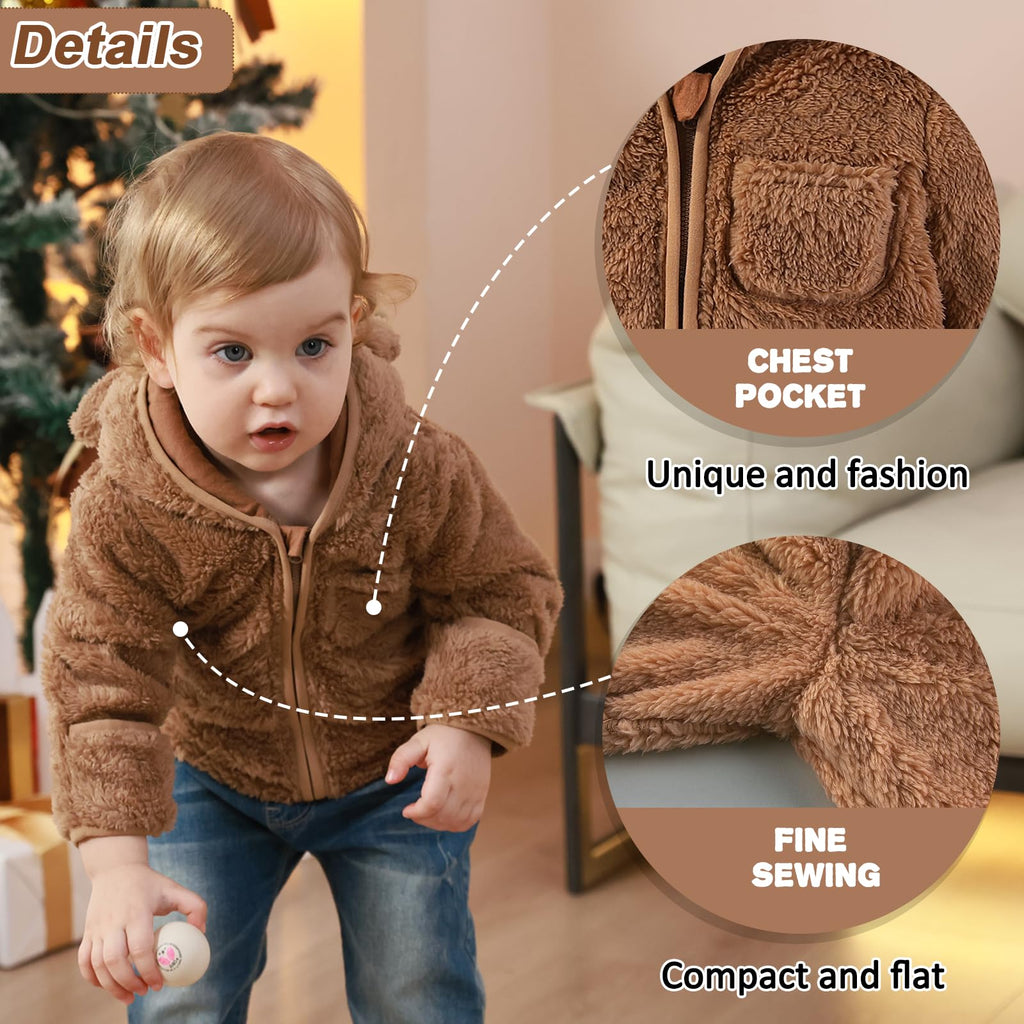 Baby Infant Boys Girls Winter Coat with Fold-Over Mittens Fleece Jacket Outwear Warm Clothes Overcoat Bear Hooded