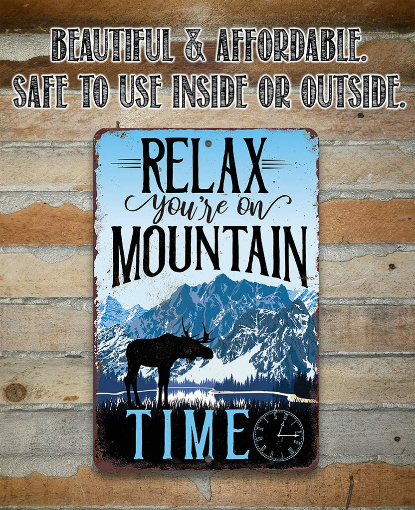 Vintage Ski Sign - "Relax, You're on Mountain Time" Metal Wall Art, 8x12 Rustic Ski Lodge Decor for Cabin, Condo, or