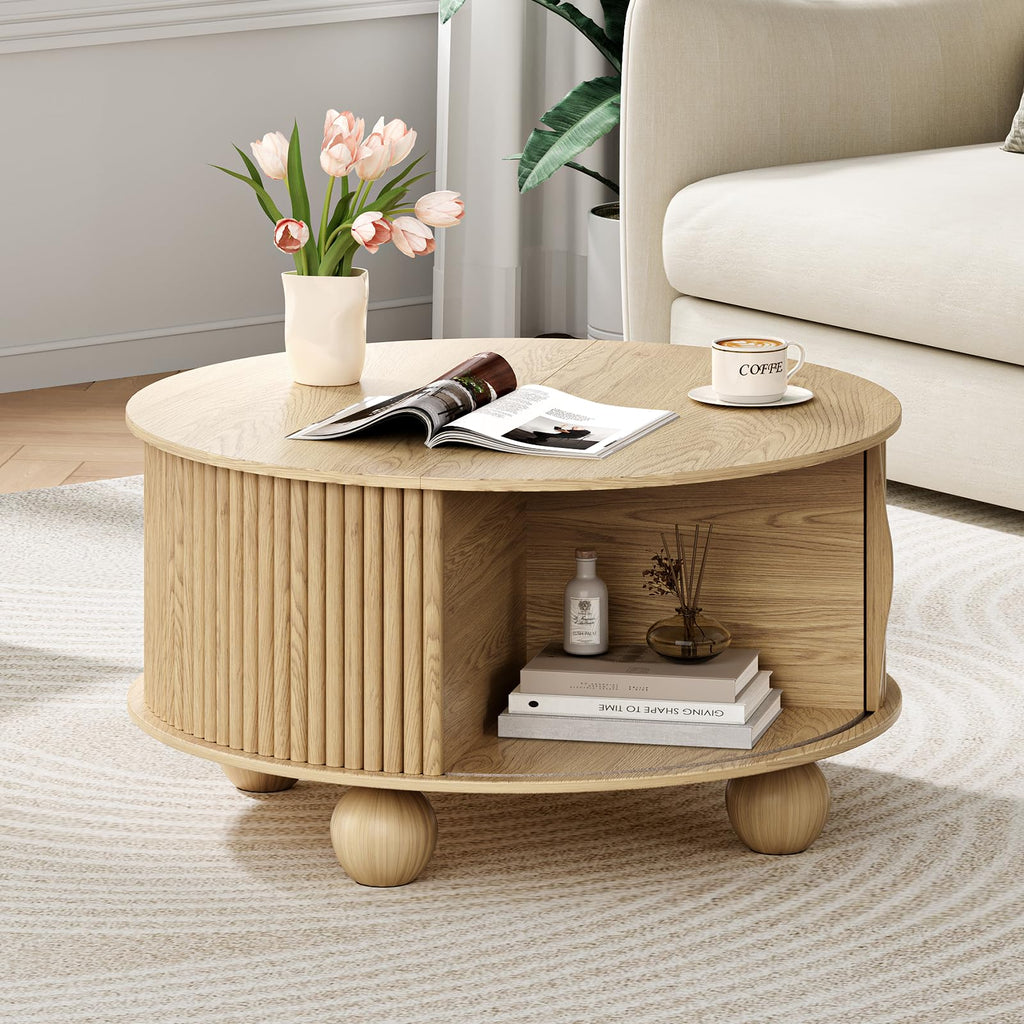 31.5" Round Coffee Table with Storage, Natural Oak