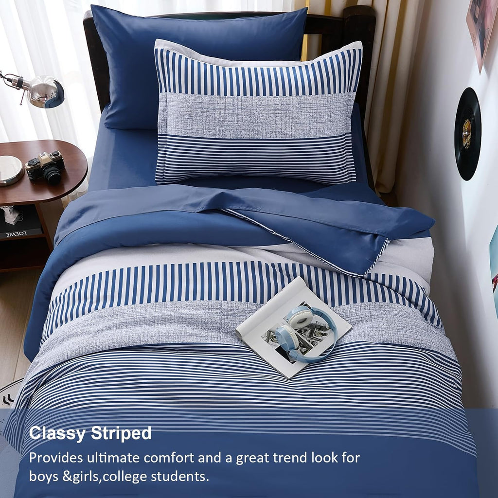 Twin Comforter Navy Blue Striped Comforters for Boys&Girls,5 Pieces Bed in A Bag Simple Neutral-Style Bedding Sets