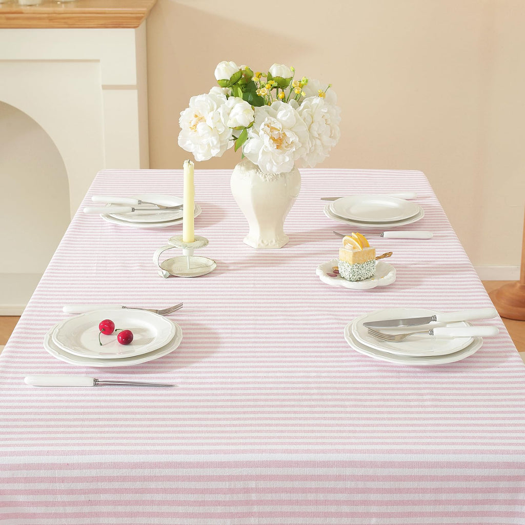 Striped Rectangle Tablecloth, Cotton Blend Fabric Pink Table Cloth with Tassel, Washable Wrinkle Free Table Cover