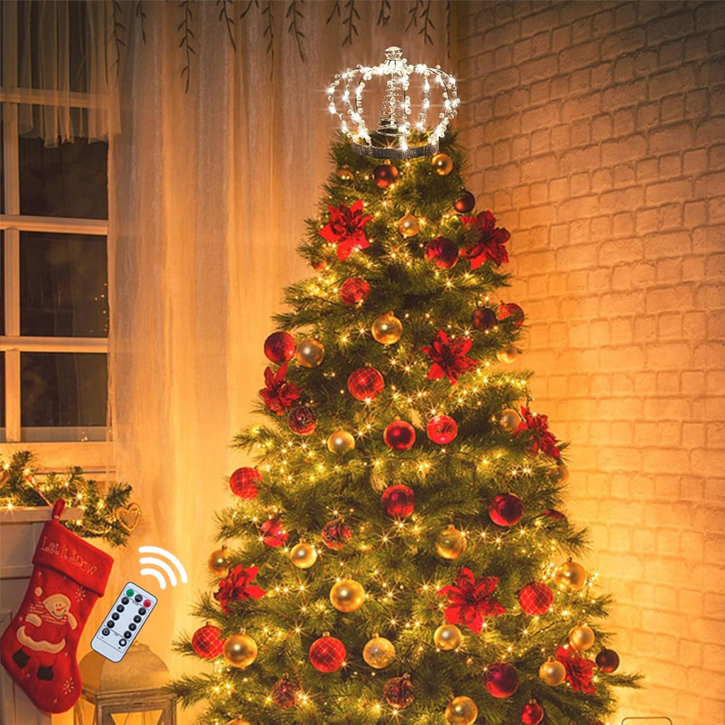 Christmas Tree Topper Star, Jeweled Crown with 60 Warm White LED USB Lighted Tree Topper, Xmas Tree Decor with Remote