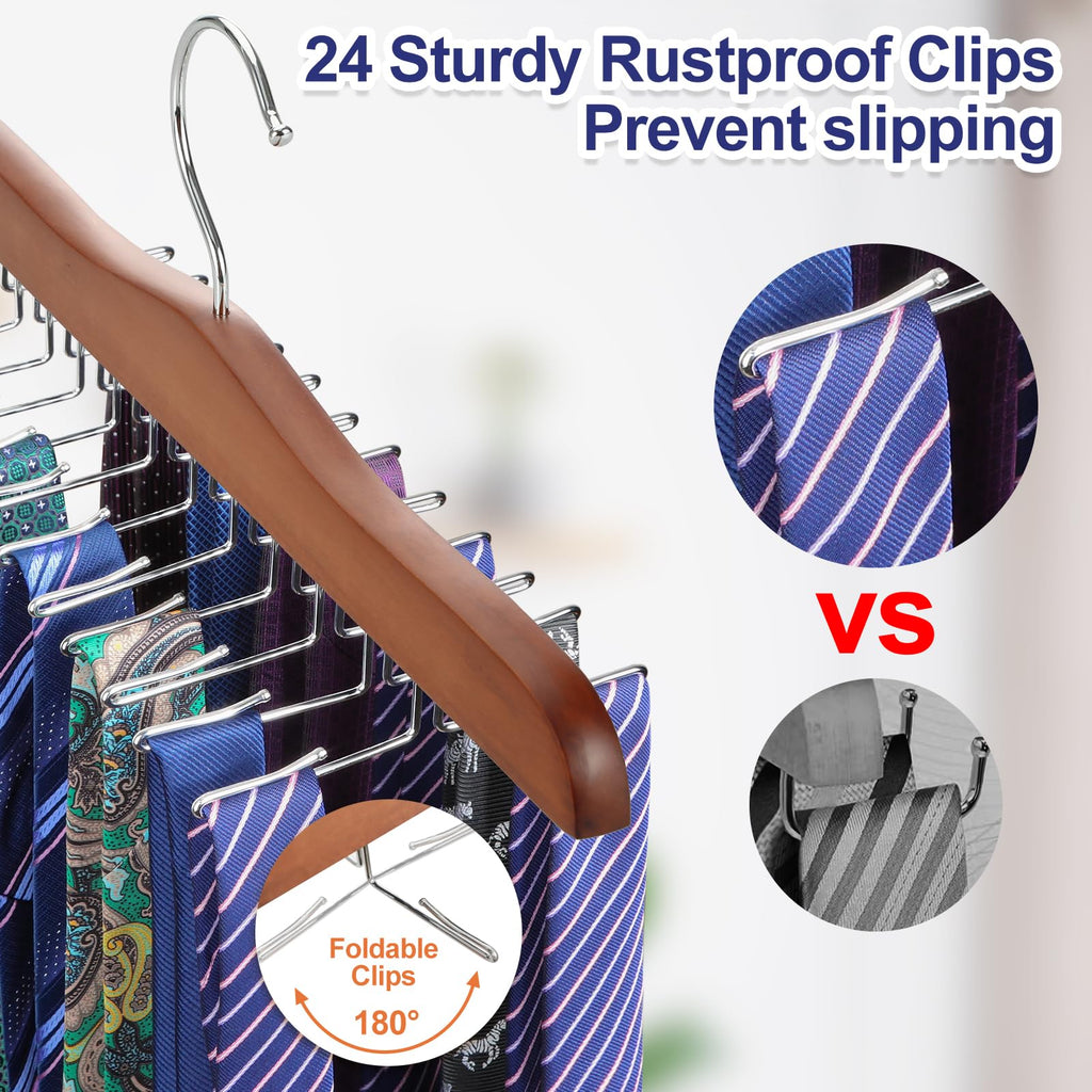 Tie Rack Hanger for Closet 2 Packs, Wooden Tie Organizer for Men with 24 Folding Hooks, Space Saving Necktie Holder