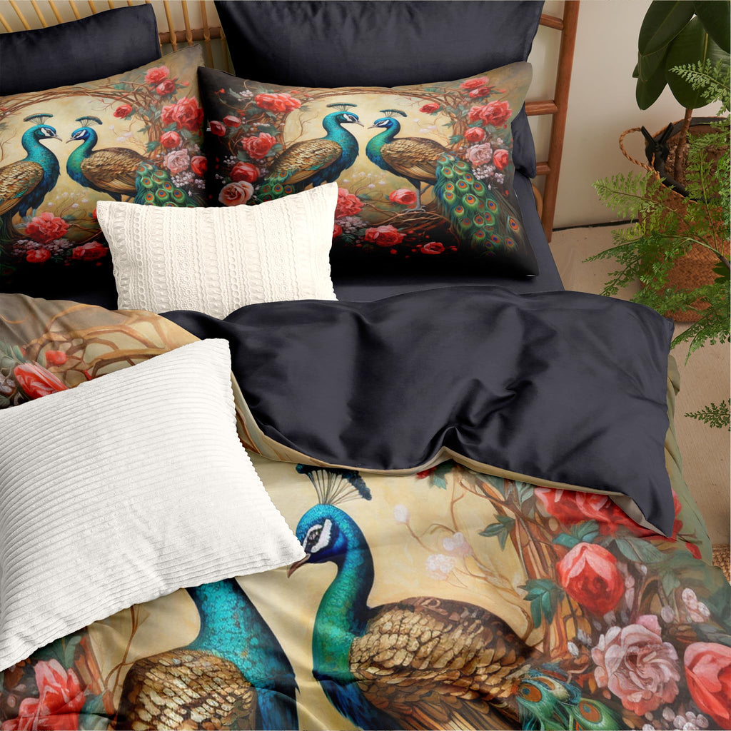 Victorian Style Floral King Comforter Set Peacock Bedding Set for Women Girls Vintage Flowers Decor Quilt Set - 3Pcs