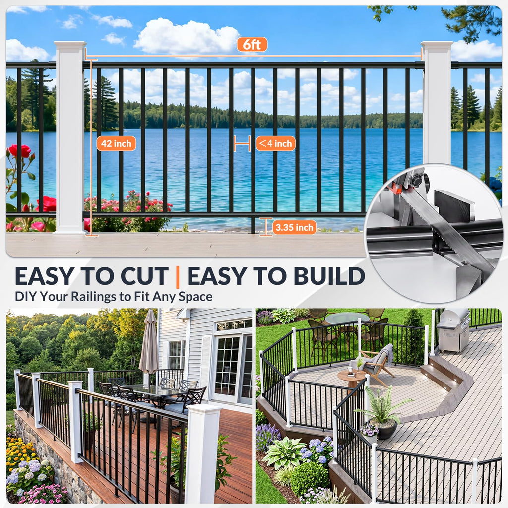 4 Pack 42 in x 6 ft Aluminum Porch and Deck Railing Kit Without Post