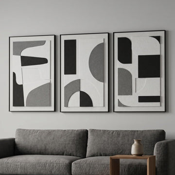 3Pcs 3D Sandstone Wall Art, Black Frame Abstract Geometric Relief