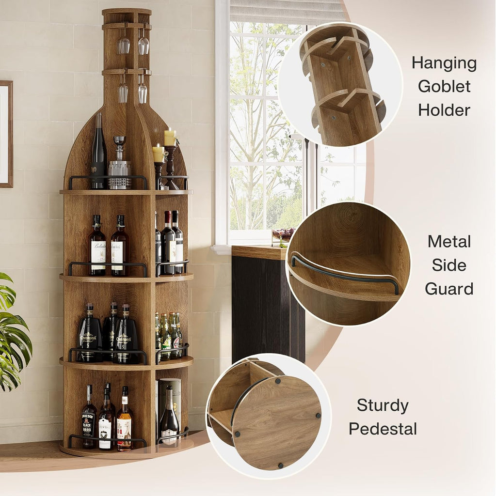 75" Tall Round Wine Rack, Freestanding Wine Bar Cabinet | Holds up to 60 Bottles, 4-Tier Storage Shelf with Glass