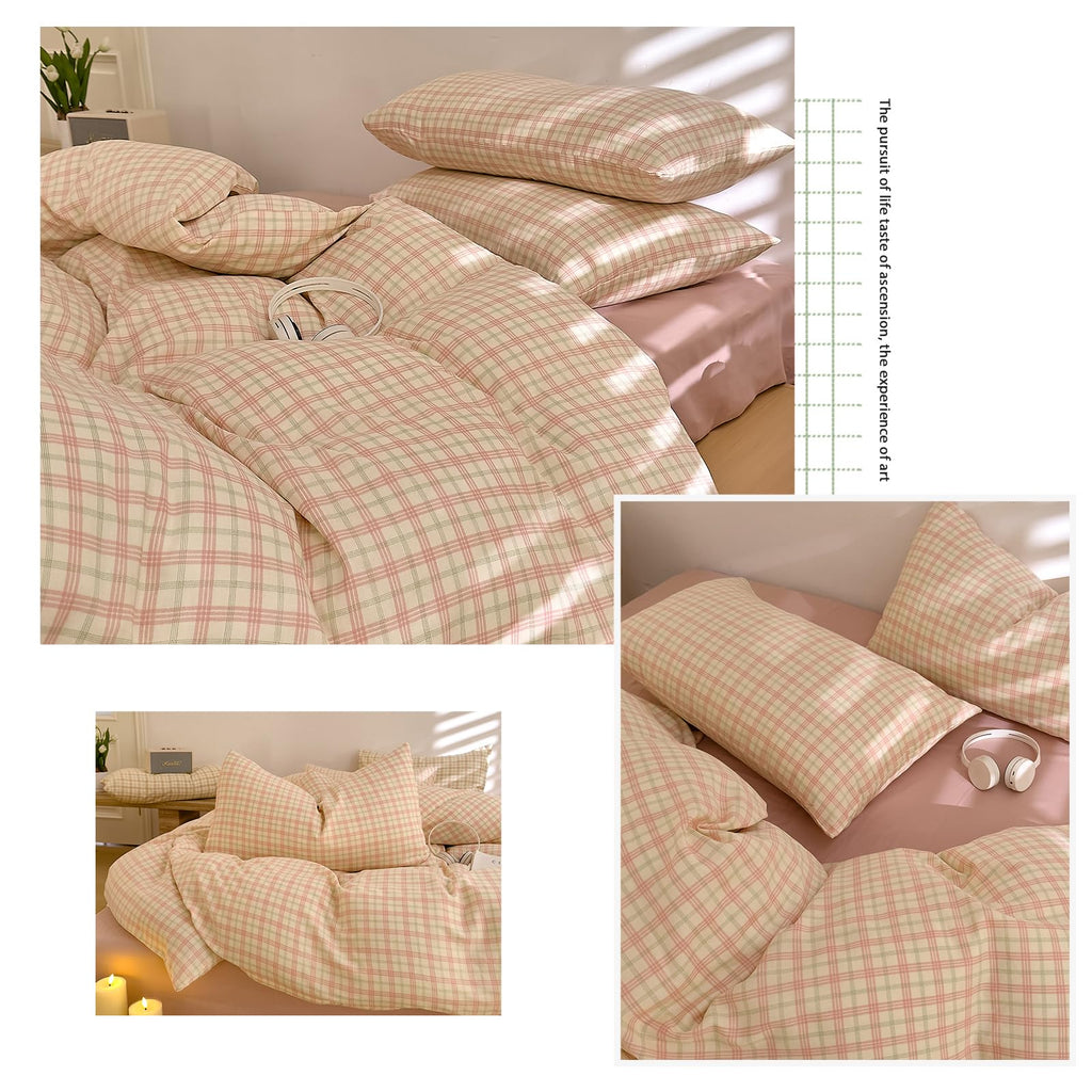 Pink Gingham Duvet Cover Set Twin, Yellow Plaid Grid Pattern Bedding Set Soft Muslin Cotton Gauze Comforter Cover