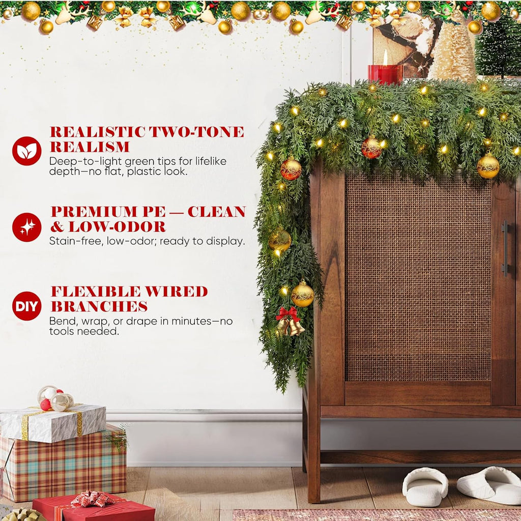 6FT Thick Christmas Cedar Garland with Lights, Layered Faux Greenery Decor