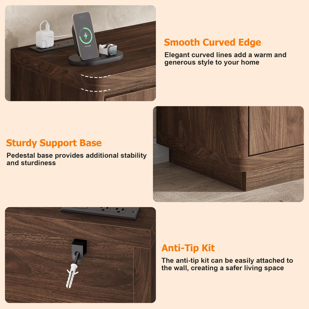 63" Buffet Cabinet with Storage & Power Outlet, Wood Sideboard Credenza with Double-Arc Doors, Modern Coffee Bar