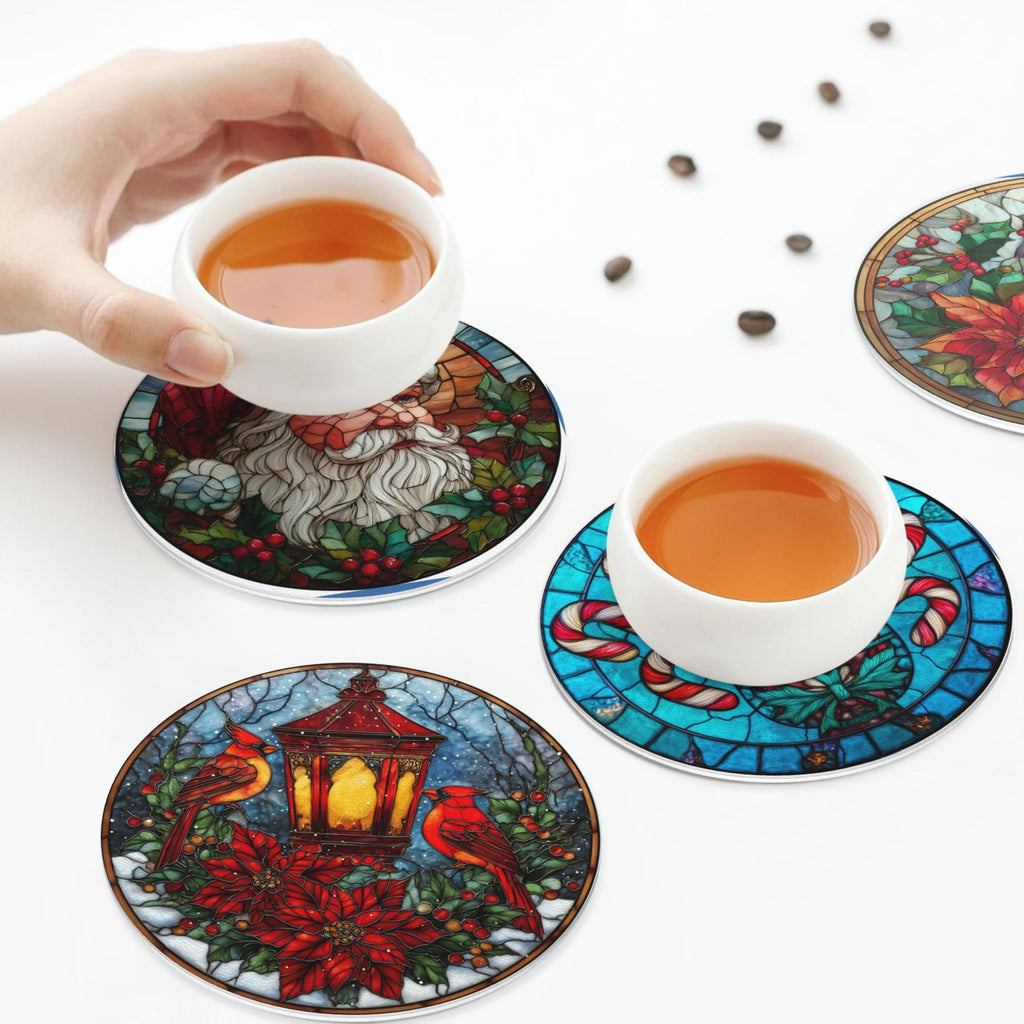Christmas Coasters for Drinks with Holder Round Leather Coasters Set of 6 Cups Mugs Mat Pad Kitchen Bar