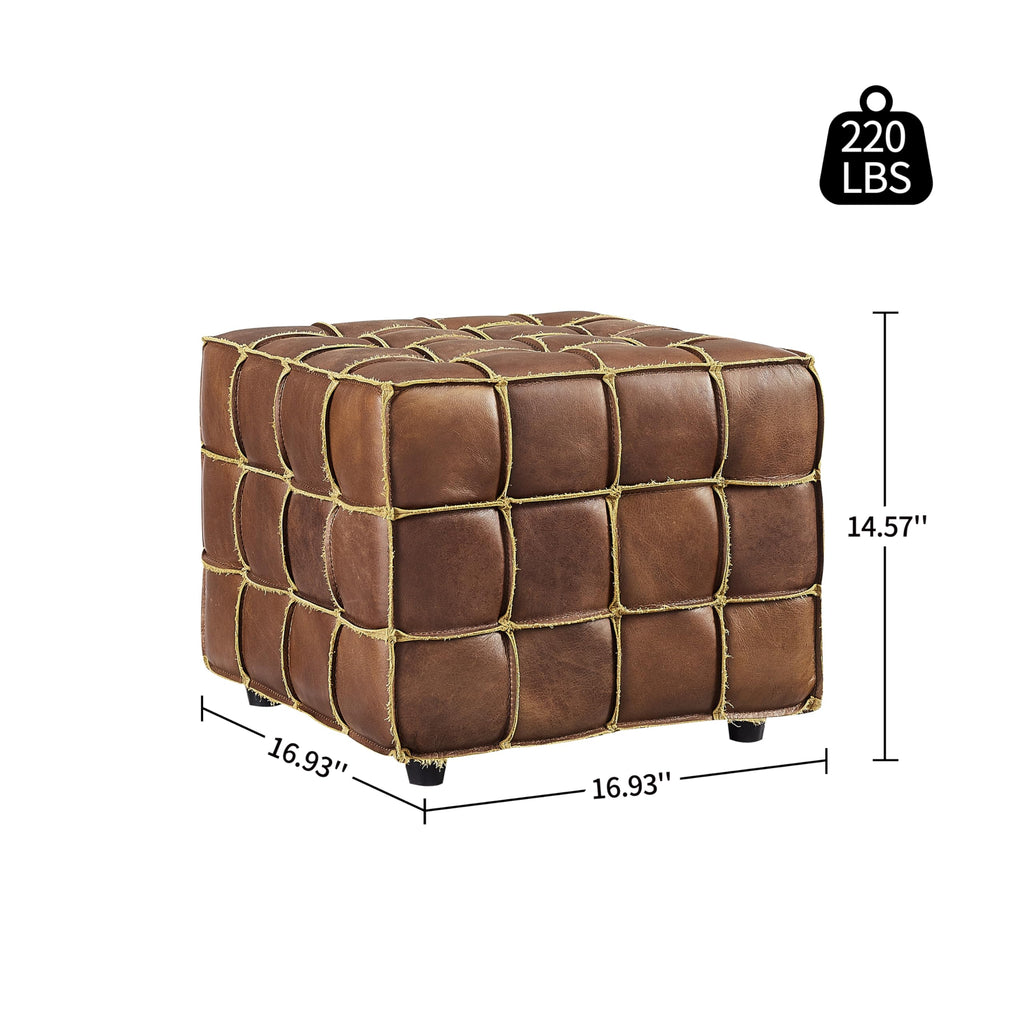 Tufted Square Ottoman Leather Footstool Modern Foot Rest Cognac