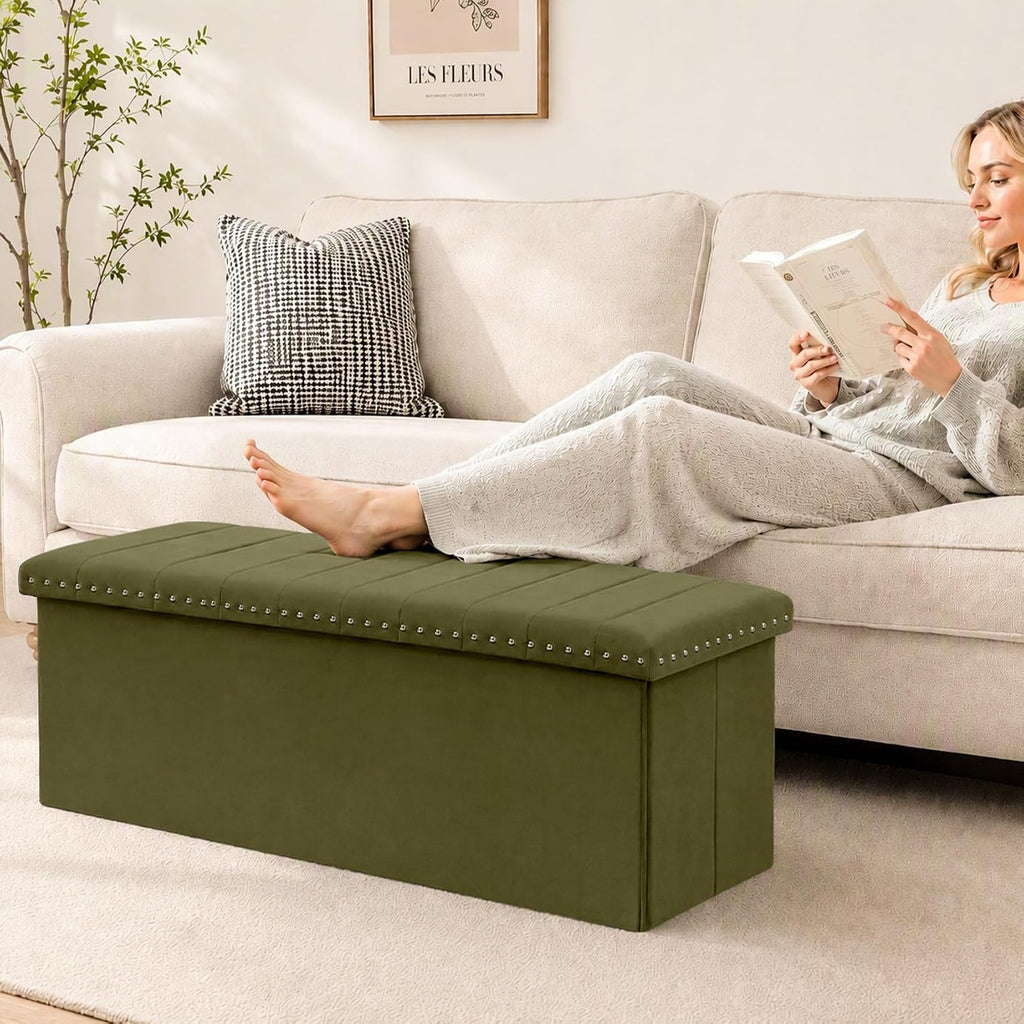 43 Inches Velvet Storage Ottoman Bench | Folding Upholstered Ottoman with Storage , End of Bed, 140L Capacity