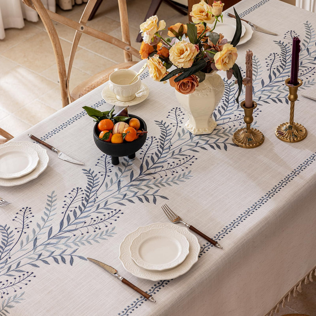 Rustic Waterproof Linen Tablecloth, Heavy Weight Fern Embroidery Table Cloths for Rectangle Tables, Farmhouse