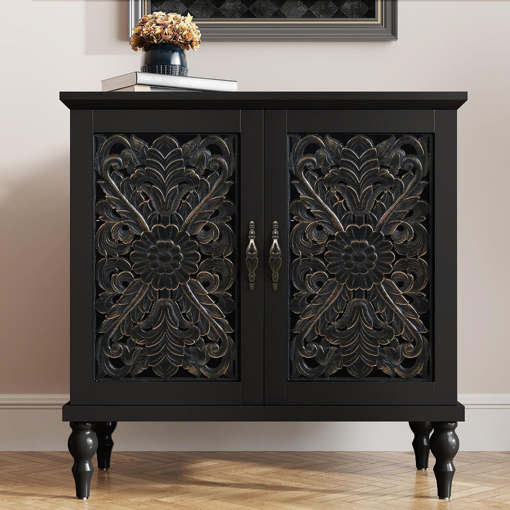 Vintage Accent Cabinet with 2 Doors, Credenza | Hand Painted Carved Door Sideboard & Buffet Cabinet, Wood Storage