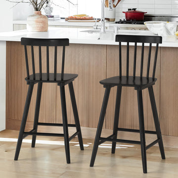 Windsor Wooden Bar Stools Set of 2 Island, Farmhouse 24 Inch Counter Height Stools Chairs with Spindle Back, Black