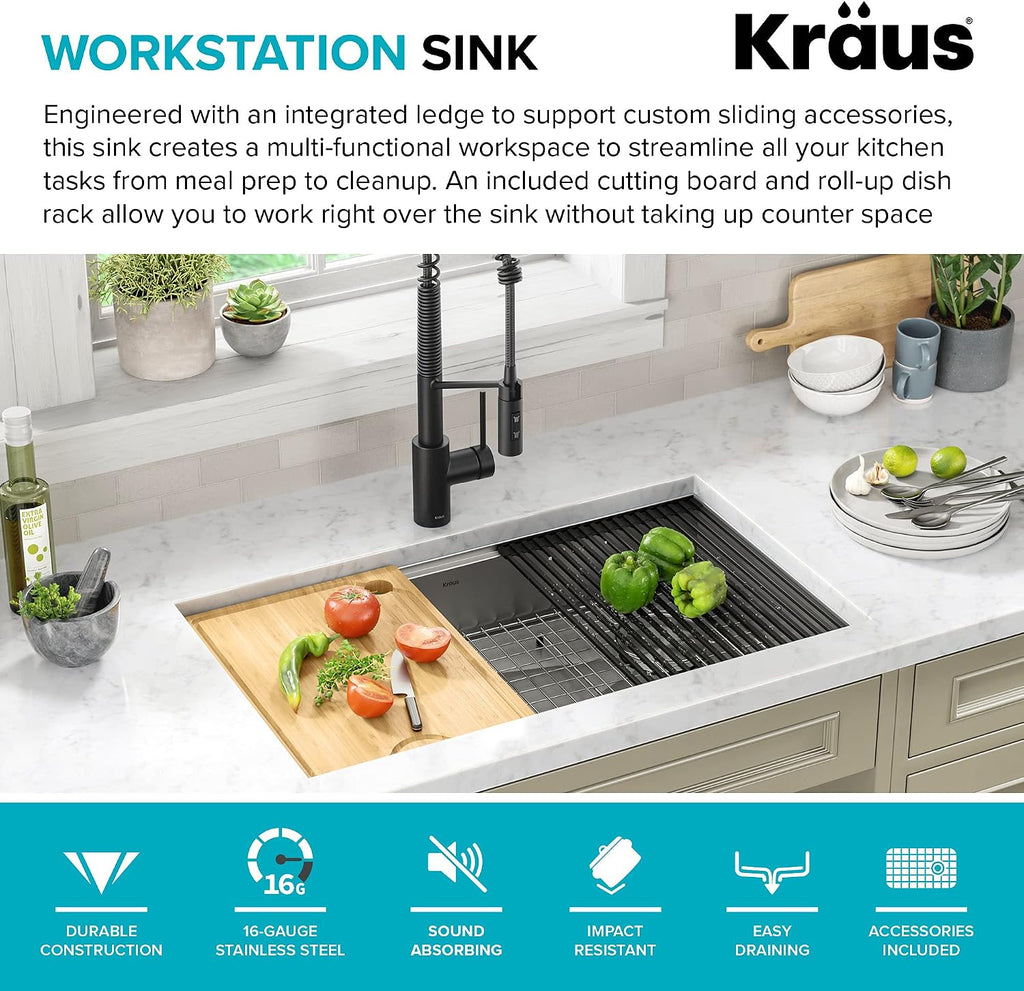 Kore ADA Workstation 32-inch Undermount 16 Gauge Stainless Steel Kitchen Sink, Single Bowl Kitchen Sink with