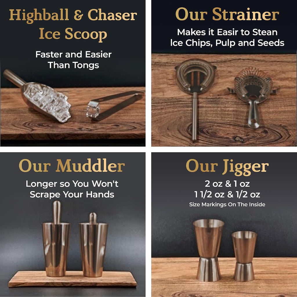 Bartender Kit with Espresso Bamboo Stand. Beautiful Cobbler Cocktail Shaker Set with Bar Tools Rustproof Stainless - Set of 13