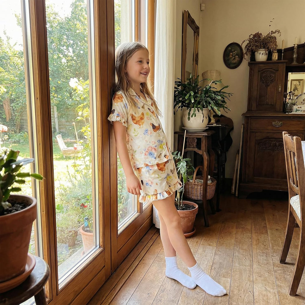 Toddler Girls Birthday Pajamas Goose Print Tops Shorts Set Silk Sleepwear