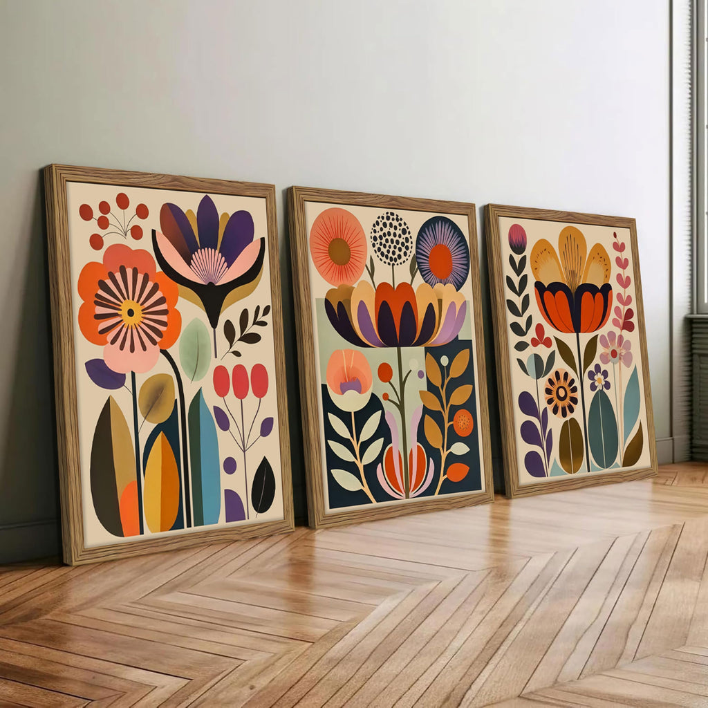 Framed Colorful Floral Wall Art Set of 3, Abstract Scandinavian Flower Canvas Wall Decor Paintings, Mid Century