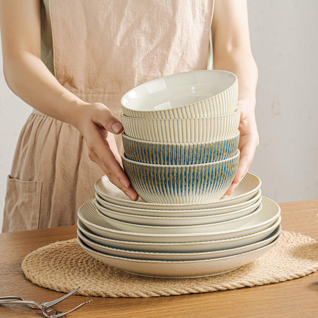 24-Piece Stoneware Dinnerware Set, Beige Reactive Glaze for 8