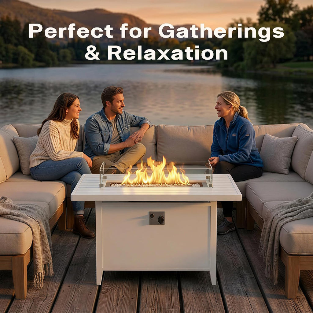 43" Aluminum Propane Fire Pit Table with 55,000 BTU, Rectangle Outdoor Gas Fire Table with Glass Wind Guard, Glass