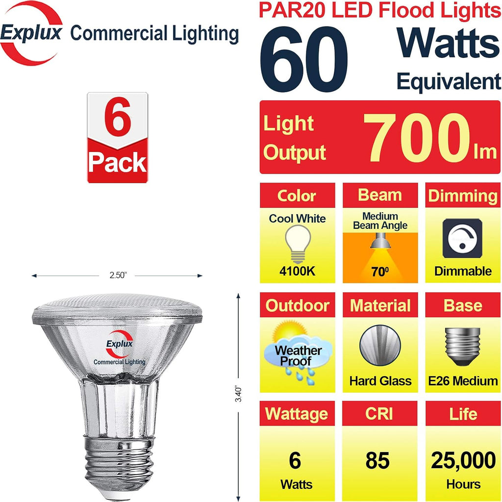 Full Glass PAR20 LED Bulb, 60W Equivalent, Cool White 4100K