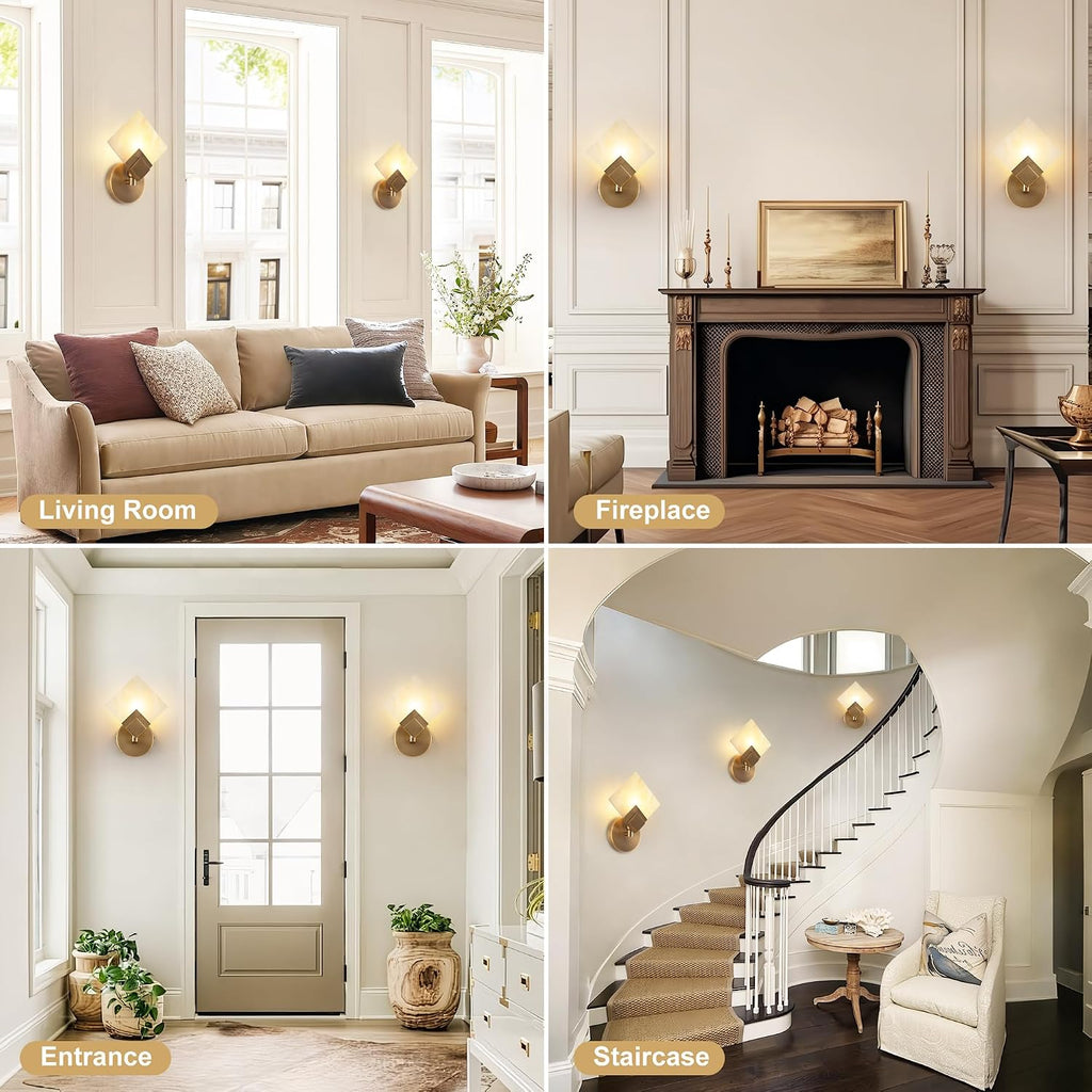 Marble Wall Sconces Set of 2, Natural Marble & Gold Square Wall Sconce Hardwired, Dimmable Wall Light Fixtures