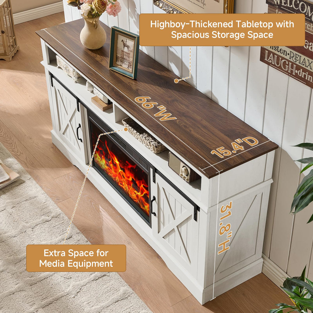 66 Inch Electric Fireplace TV Stand, White Farmhouse Media Console with Sliding Barn Doors, Entertainment Center with