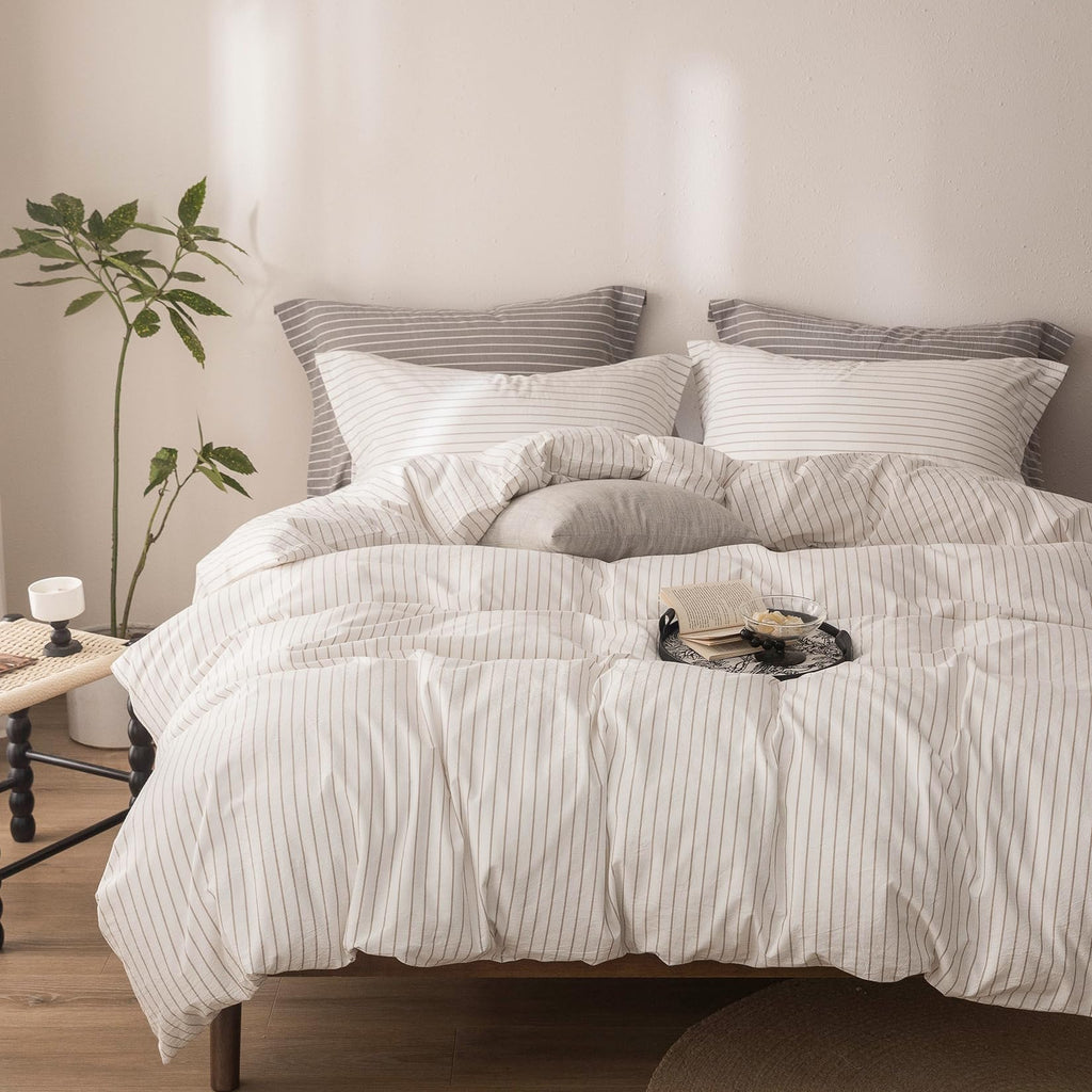 3Pcs Off White & Linen Grey Striped Duvet Cover Set