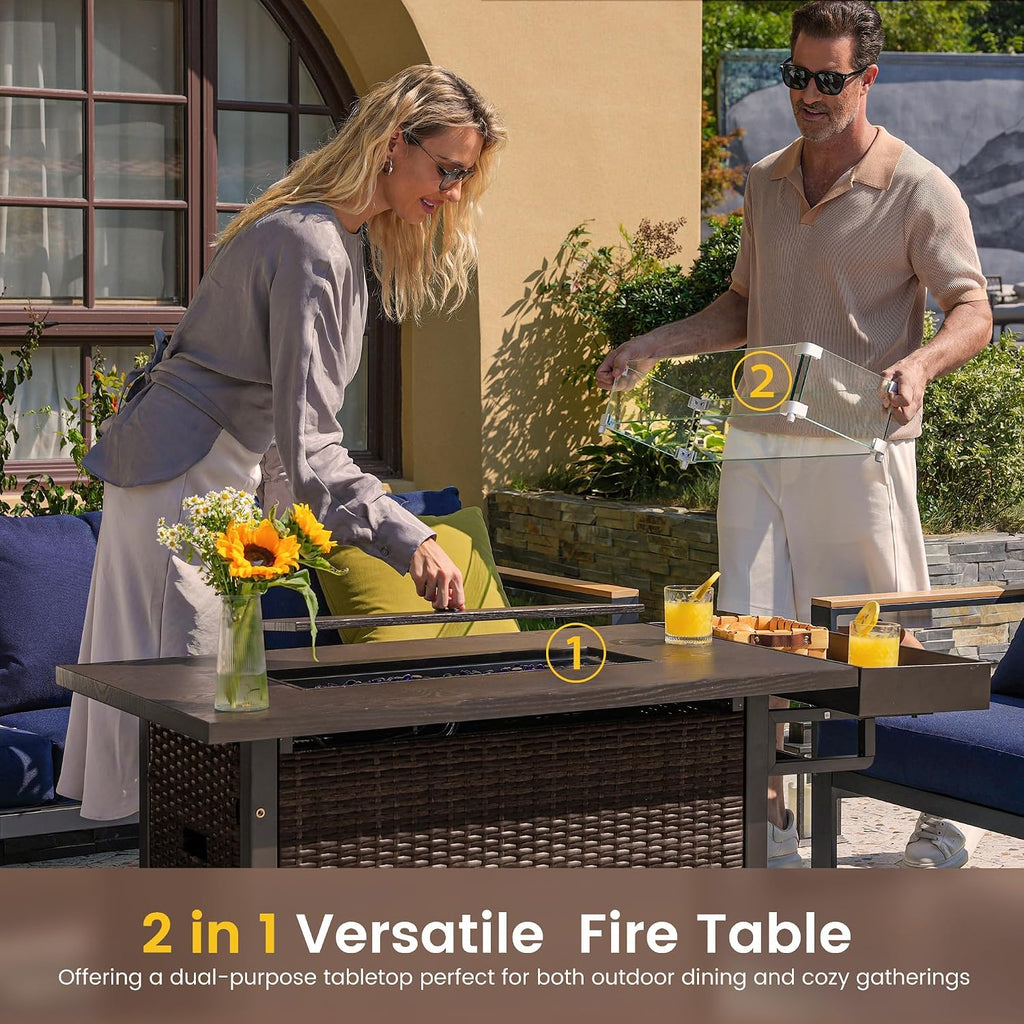 52 Inch Outdoor Rectangular Fire Pit Table, 50,000 BTU Propane Fire Pit with Glass Wind Guard and Sliding Tank
