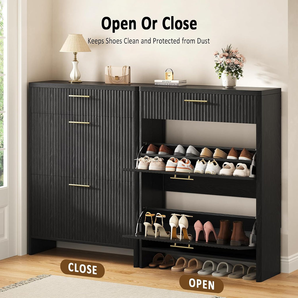 Fluted Shoe Storage Cabinet , Narrow Wooden Shoe Cabinet with 2 Flip Drawers & Pull-Out Drawer, Modern Freestanding