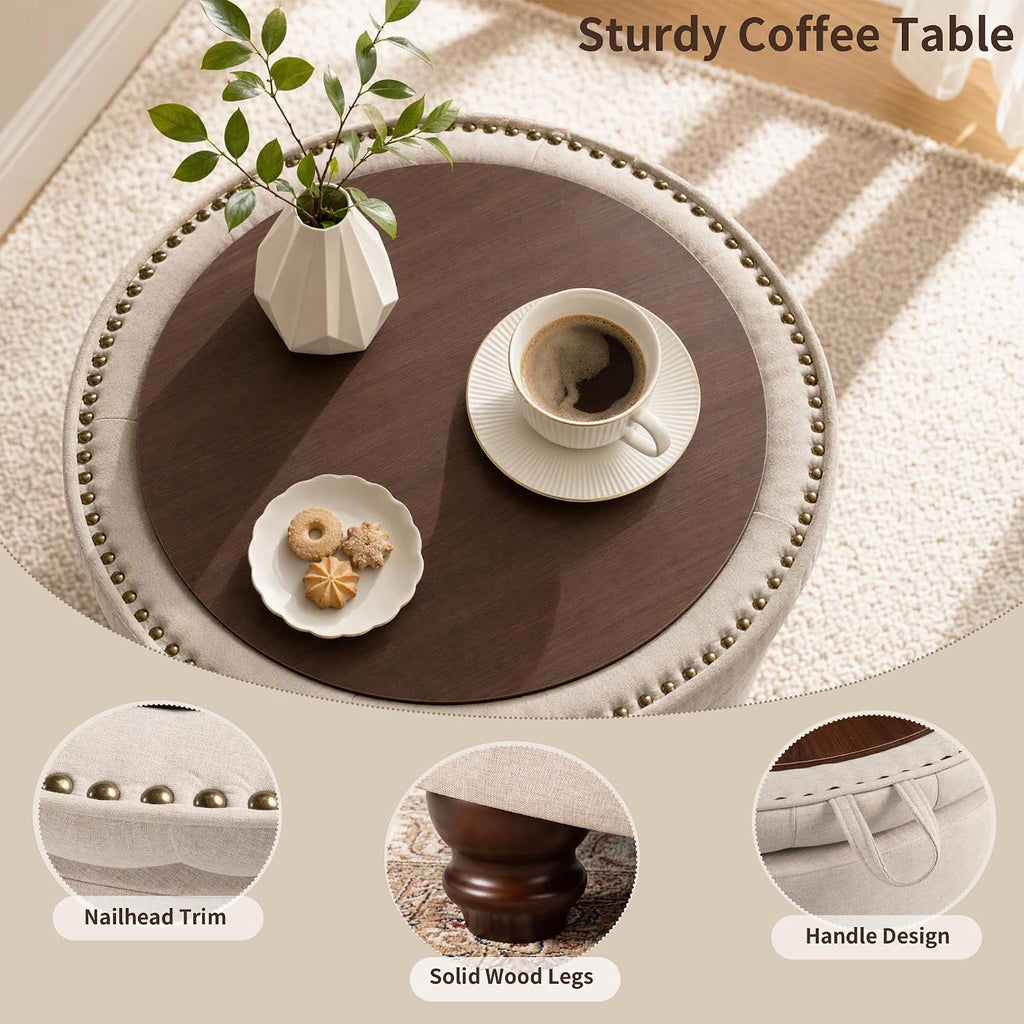 30" Round Storage Ottoman Coffee Table, Tufted Lid & Wood Top, Khaki | Nailhead Trim Solid Wood Legs Extra Large