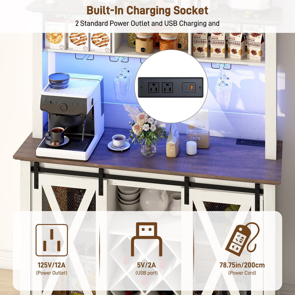 47" Wide 56" H Farmhouse Coffee Bar Cabinet with Power Outlet and LED Light, Wine Bar Cabinet w/3 Storage Hutch(White)